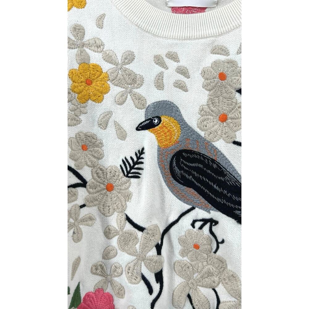 YITAI Songbird Floral Embroidered Crewneck Sweatshirt Size S Cream Heavyweight - Picture 3 of 10